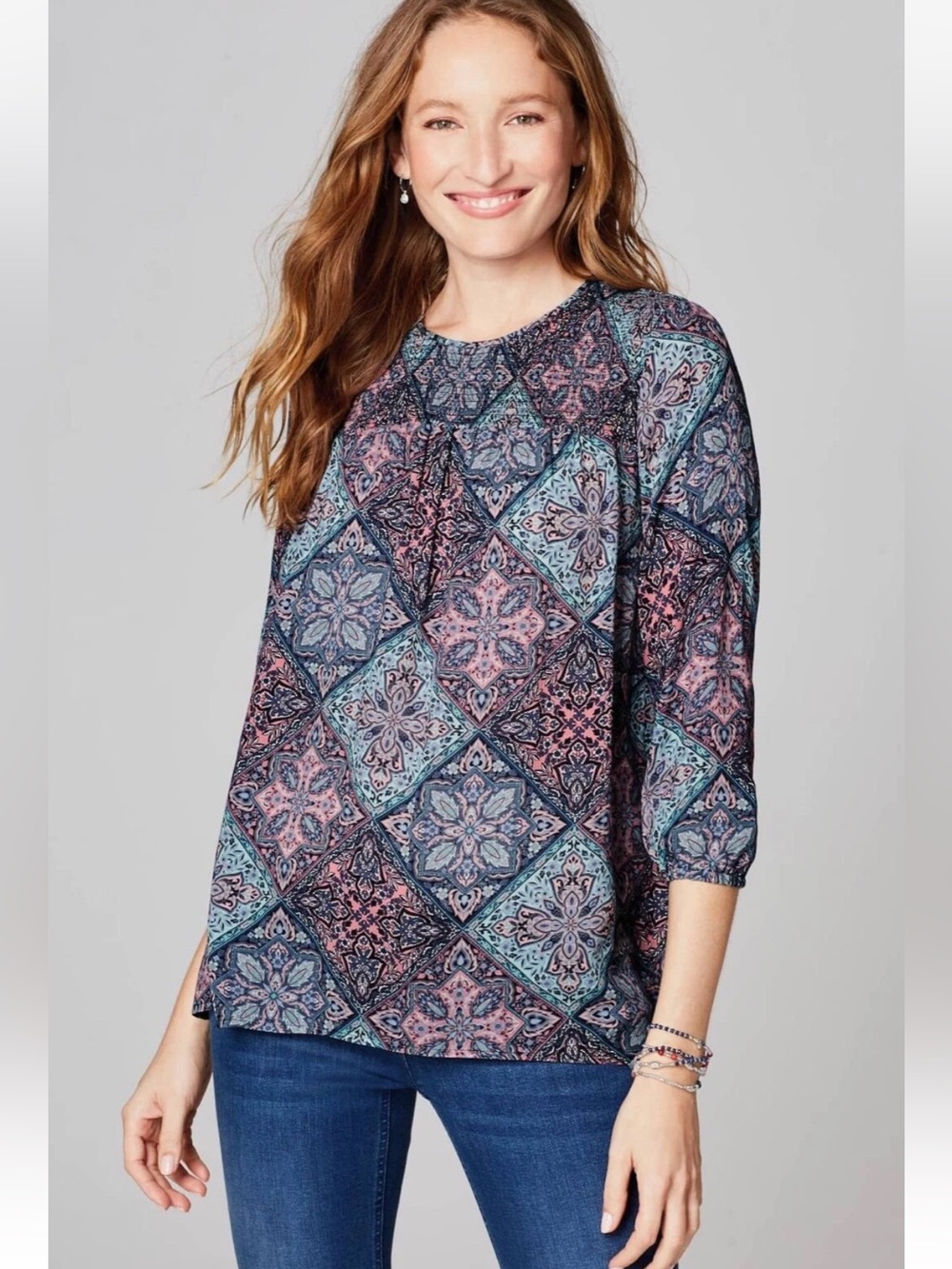 J. Jill Geometric Kaleidoscope Print Smocked Blouse